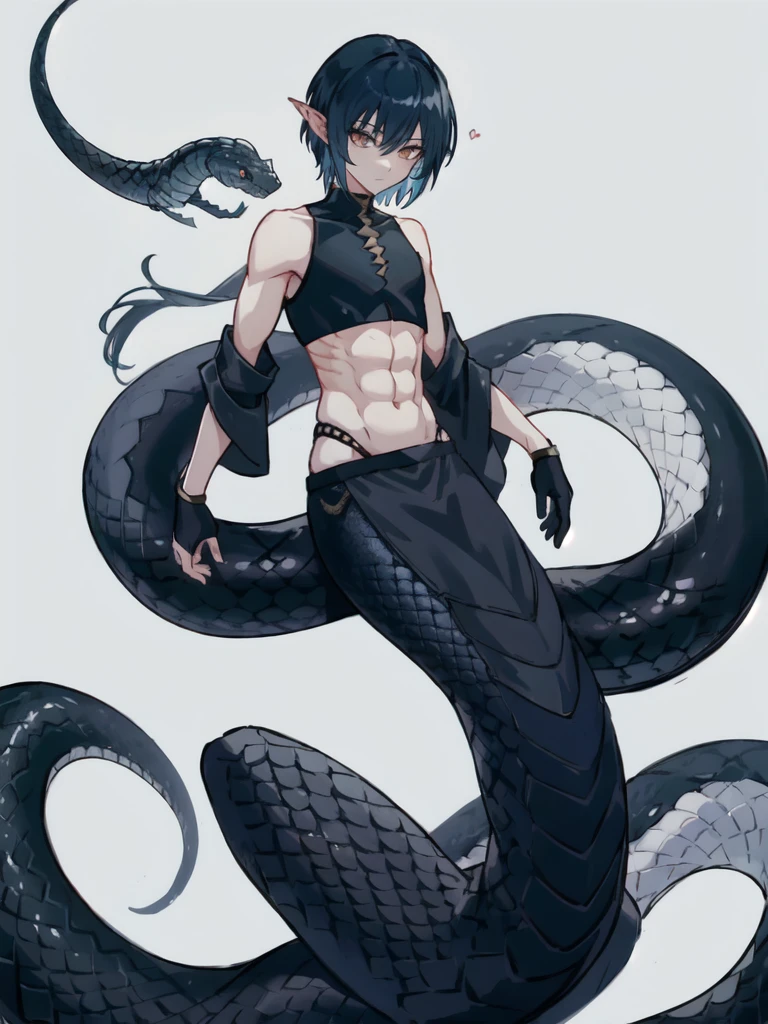 (lamia:1.0), scales, full body, emo, 1boy, black snake tail, crop top