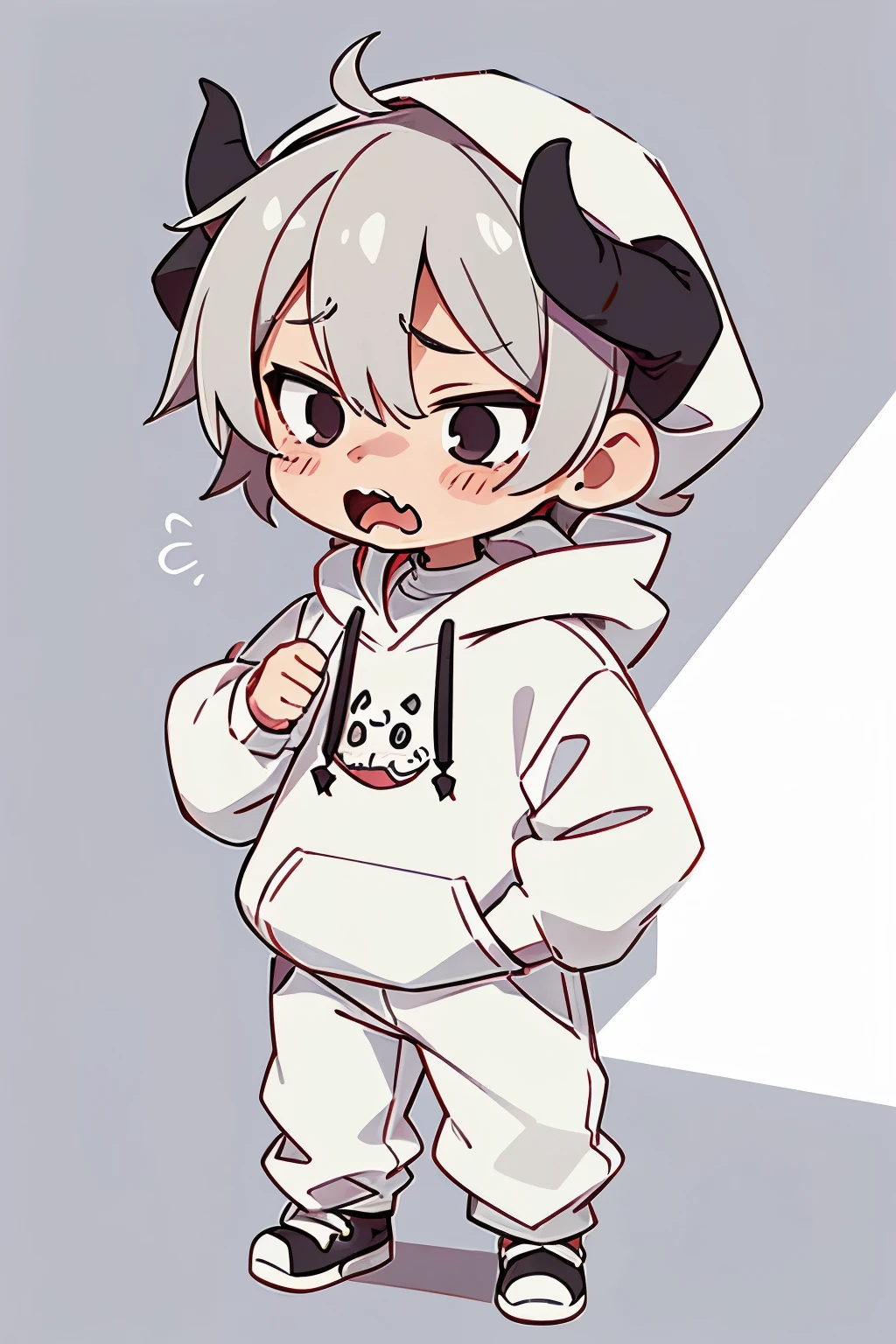 chibi drawing, Boy, white, with gray hair, wearing a white hoodie and black demon horns, cries