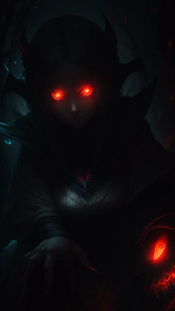 girl, glowing eyes, evil and scary, кроваво-красный, крадется, когти, крылья ворона 