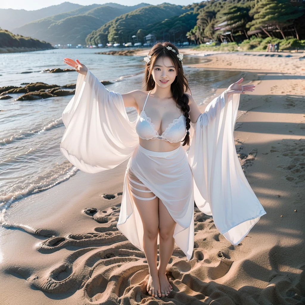 (((barefoot young slender beautiful Japanese girls on mud beach))), natural front lighting, ultra sharp focus,braided long twin-tail hair, (((light pale white skin color))),blue large eyes with long eyelashes and double eyelids, dynamic angle,red lip,smile, 5girls, ((waving arms)), ((huge breasts)), (full body shot:2), (((wearing wedding underwear ))), (beautiful face:2),(((beautiful)))