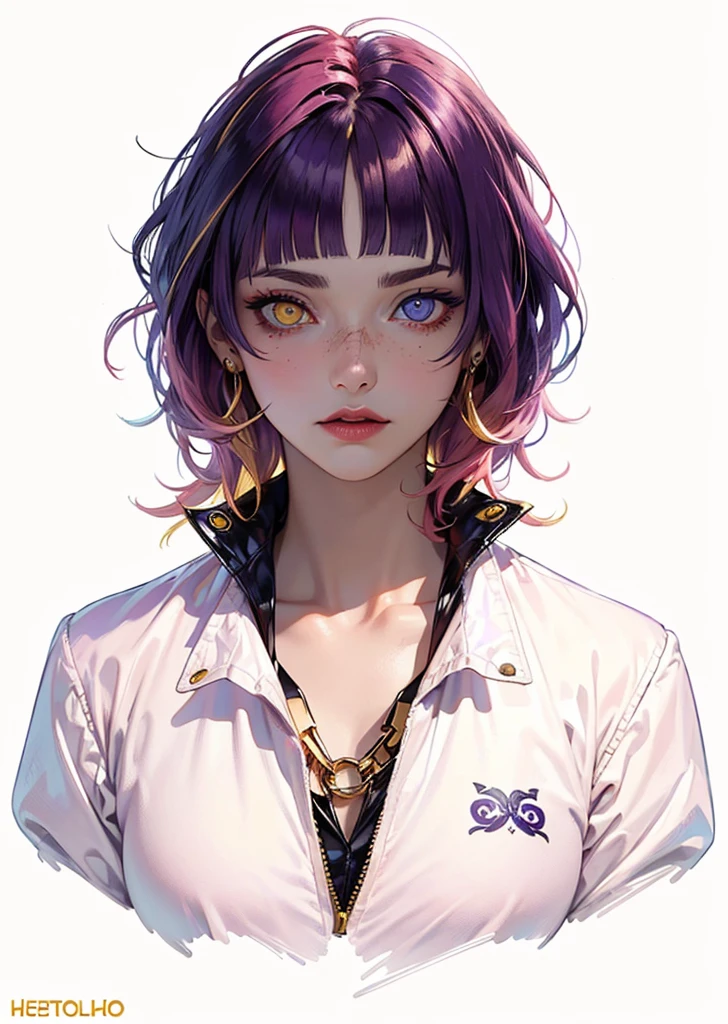 masterpiece, accurate, anatomically correct, super detail, high details, high quality, best quality, highres, 4K, 1 adult woman, female vampire, vampire, pale skin, (((heterochromia (violet right eye and golden left eye)))), (((long pink hair with blunt bangs))), wearing a black leather outfit, a medieval thief's outfit, role-playing character