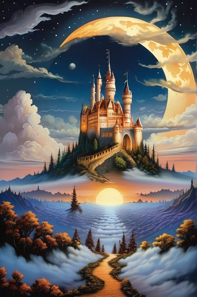 Castle over the clouds, sea of clouds, star filled sky, bright moon,
