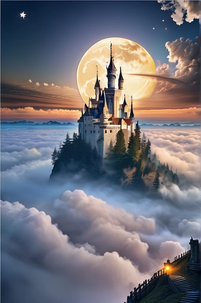 Castle over the clouds, sea of clouds, star filled sky, bright moon,