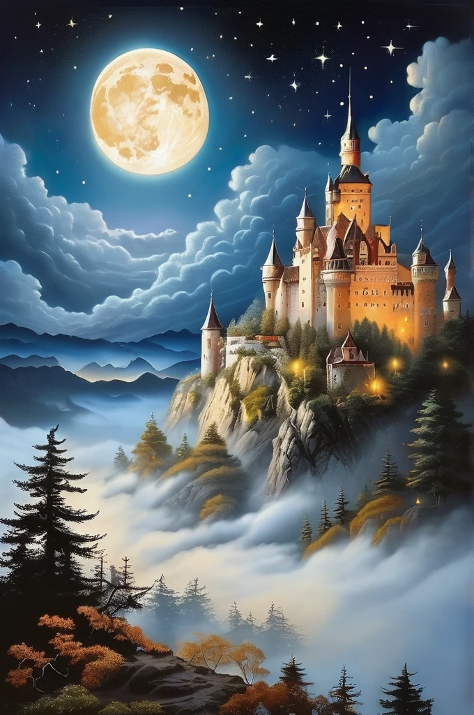 Castle over the clouds, sea of clouds, star filled sky, bright moon,