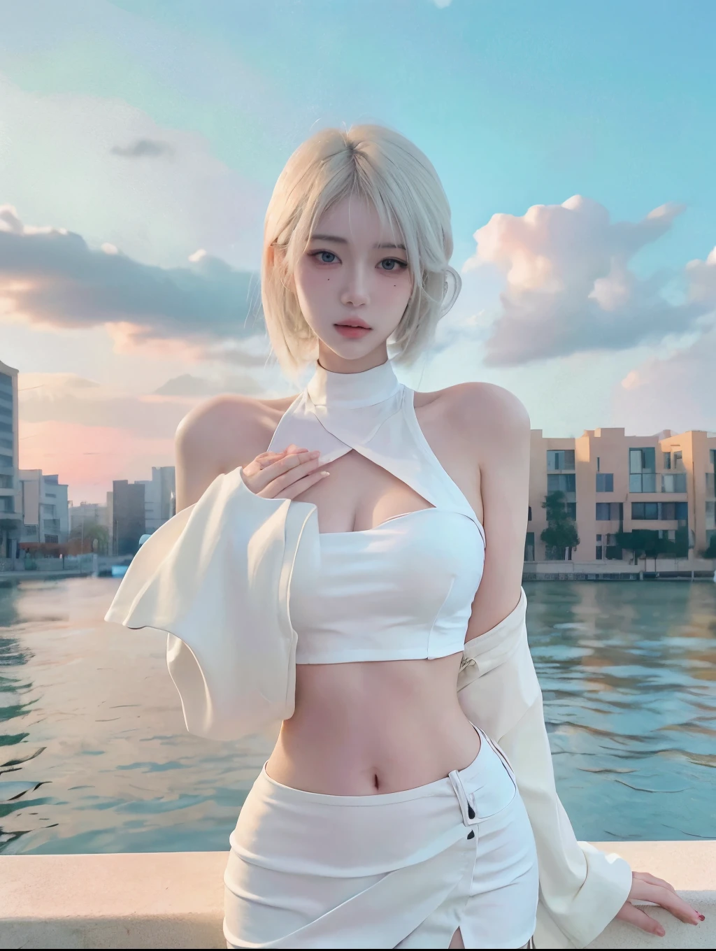 Beautiful woman with perfect figure:1.4，Sunset sky background，Layered Hairstyle，White skin，Prominent cleavage，White bikini:1.5，White ultra-short pleated skirt，whole body，Very delicate face and skin texture，Double eyelids，Skin Whitening，Long white hair