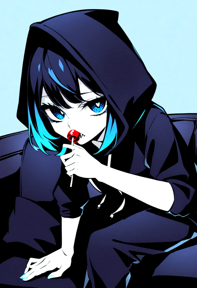 A girl with pale skin, bright cyan blue eyes and short black hair, plus sharp teeth. She has dark circles under her eyes. She is wearing a black hooded sweatshirt and black sweatpants, and is sucking on a lollipop. She is barefoot, and maintains a detached, indifferent, and bored expression on her face. She is sitting on a black sofa, in a bored way.