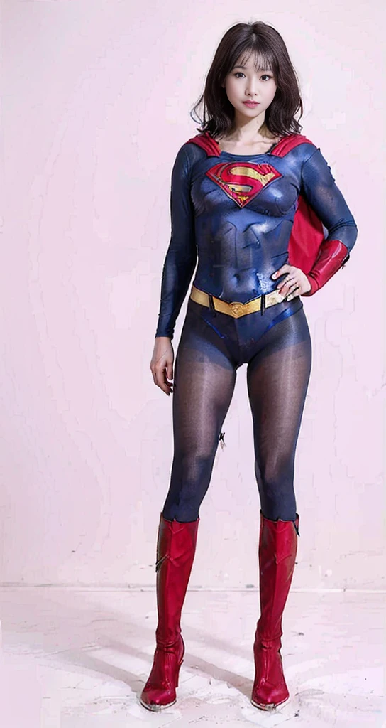 No background、(((Beautiful legs in black tights.)))、(((Legally express the beauty of your smile)))、((((Make the most of your original images)))、(((Supergirl Costume)))、(((Beautiful very short hair)))、(((suffering)))、(((Please wear black tights....、Wear red boots)))、((Best image quality、8K))、((Highest quality、8K、masterpiece:1.3))、(((Preserve background )))、Sharp focus:1.2、Beautiful woman with perfect figure:1.4、Slim Abs:1.2、Wet body:1.5、Highly detailed face and skin texture、8K