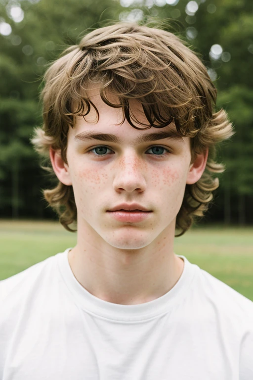 A -yeld wh boy with a marked jawline and a few freckles with slightly short, slightly messy wavy hair and tall green eyes..80