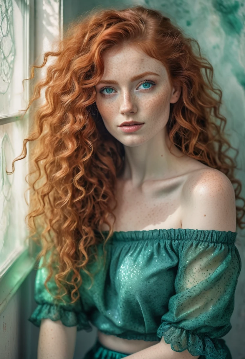 

artistic watercolor with oil tinting detailed long shot of  curly redhead woman, intricate beauty, luxurious sparkling emerald eyes, uhd, 8k, dynamic lighting, iridescent accents, realism, ultra-detailed, matte pastell colors, leaning against the wall, wearing a off shoulder powder white poet top, teal  boho skirt, camera eye contact, freckles
