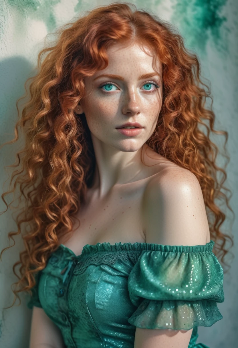 

artistic watercolor with oil tinting detailed long shot of  curly redhead woman, intricate beauty, luxurious sparkling emerald eyes, uhd, 8k, dynamic lighting, iridescent accents, realism, ultra-detailed, matte pastell colors, leaning against the wall, wearing a off shoulder powder white poet top, teal  boho skirt, camera eye contact, freckles