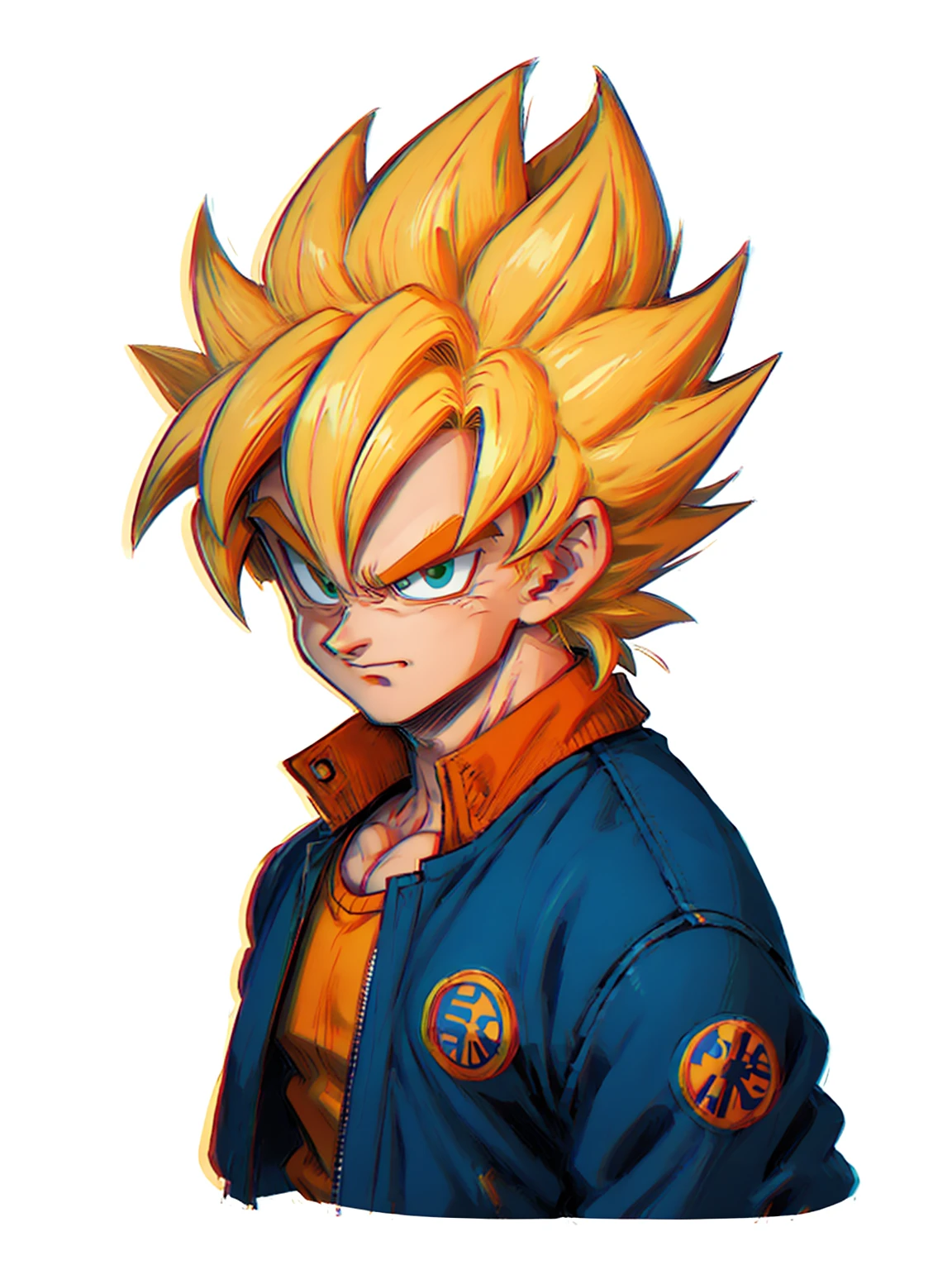 1man, solo, (masterpiece), best quality, ultra-detailed, Son Goku from Dragon Ball Z, super saiyan hair, yellow hair, Retro style, full body. fashion cloth, blue jacket, orange shirt, fancy, portrait, upper body, face detail, eyes detail: 1.3, simple background, green eyes, orange shirt,(white background)