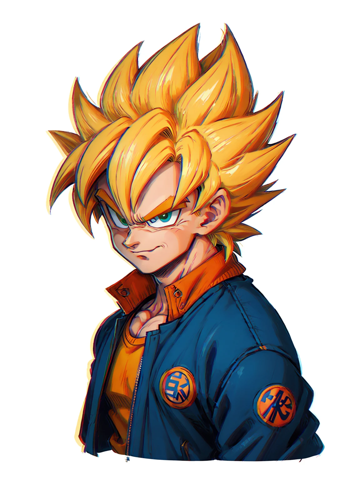 1man, solo, (masterpiece), best quality, ultra-detailed, Son Goku from Dragon Ball Z, super saiyan hair, yellow hair, Retro style, full body. fashion cloth, blue jacket, orange shirt, fancy, portrait, upper body, face detail, eyes detail: 1.3, simple background, green eyes, orange shirt,(white background)