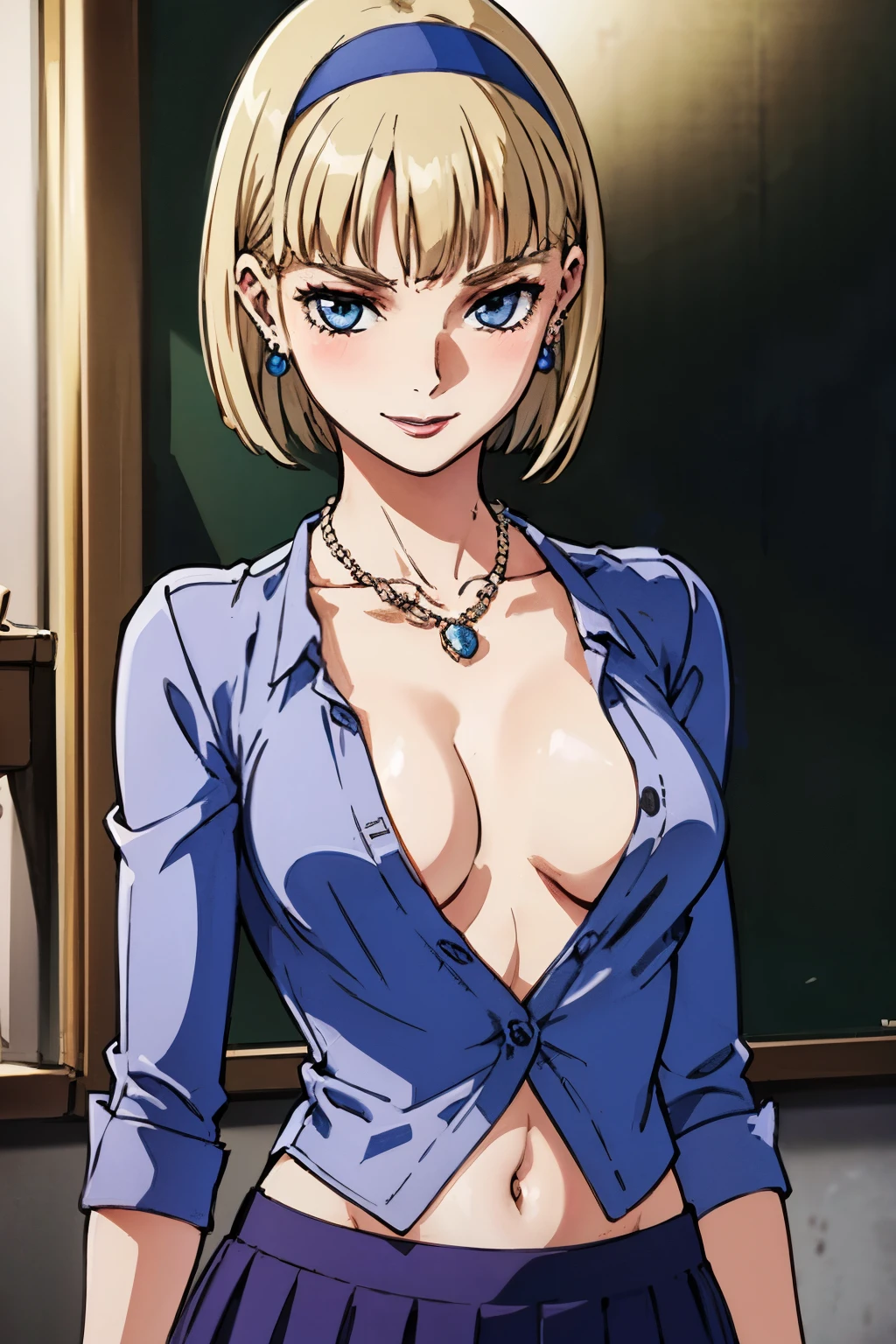 blonde hair,blue_eyes,bob cut, blue_hairband,very_long_hair,floating_hair,  blush, lipstick, masterpiece, best quality, ((unbuttoned , cleavage, necklace, earrings, sexy body, breasts)) , micro skirt, smiling, navel , exposed belly, exposed navel,(nsfw) not safe for work,school, knot, classroom , holding a gun, hold a gun,