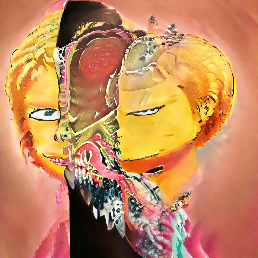 close-up, looking at viewer split head and body of a Lisa Simpson, inside a skeleton, subsurface scattering, ultra hd, 4k, high def, Photorealistic, Hyperrealistic, Hyper detailed, analog style, realistic, masterpiece, best quality, ultra realistic, 8k, Intricate, High Detail, film photography, soft lighting, heavy shadow