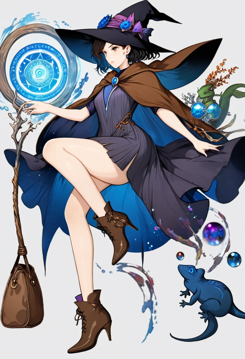 Uma bela witch no estilo do Studio Ghibli, 1.55 tall, ************, average black hair length, light brown eyes, skin fair, wearing a knee-length transparent blue dress, meias pretas e marrom escuro booties, a black and cinnamon cloak brown bag and a magic wand made of lizard coral. 8k image, ((highest quallity)),(ultra high resolution),(super verbose),(Detailed Description),((the best GC)),(best work of art),super precision art,great drawing - art(Fantasy art with precise details:1.5),(witch:1.6),(and very pretty face shaped:1,5),(floating magic circle:1.6),dynamic pose:1.5,booties:1.3, magic circle, final fantasy XV style, 4K, super sexy, By Luciano75