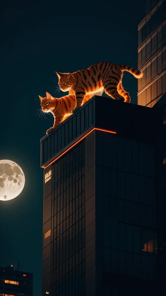 neon, cyber punk, natta, night-time, moon with strong light, orange cat, on top of a building, on the edge of the building,