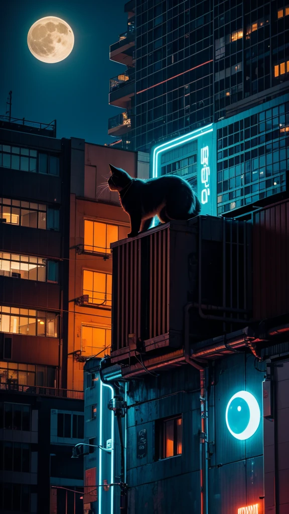 neon, cyber punk, natta, night-time, moon with strong light, orange cat, on top of a building, on the edge of the building,