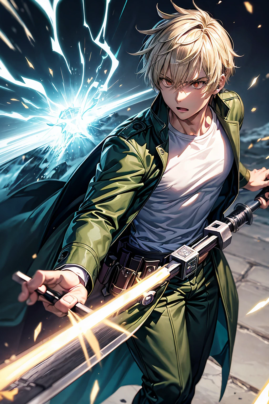 Describe an intense scene from a manga/manhwa where a male character is in the middle of an attack or using a special ability. He has a fierce and determined expression, with eyes glowing red, while holding a shovel with both hands. A magical green aura emanates from the shovel, illuminating the surrounding environment. The character wears an olive green coat over a white shirt and a gray vest. He is in a crouched posture, indicating readiness and strength. Lines of action all around suggest rapid movement, and the word 'UPDATED!' appears at the top of the scene, indicating a change in the character's ability or state. Capture the intensity and energy of this scene, emphasizing the magical elements and character's determination