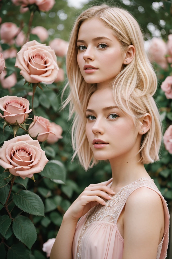 8k, photo and gross, fujifilm, Style photography of a beautiful young girl like Avril in a light pink rose garden. (very detailed skin: 1.2) Style-Petal BREAK short hair, blonde hair with colored highlights, wearing a dress, film grain, 35mm, beautiful style