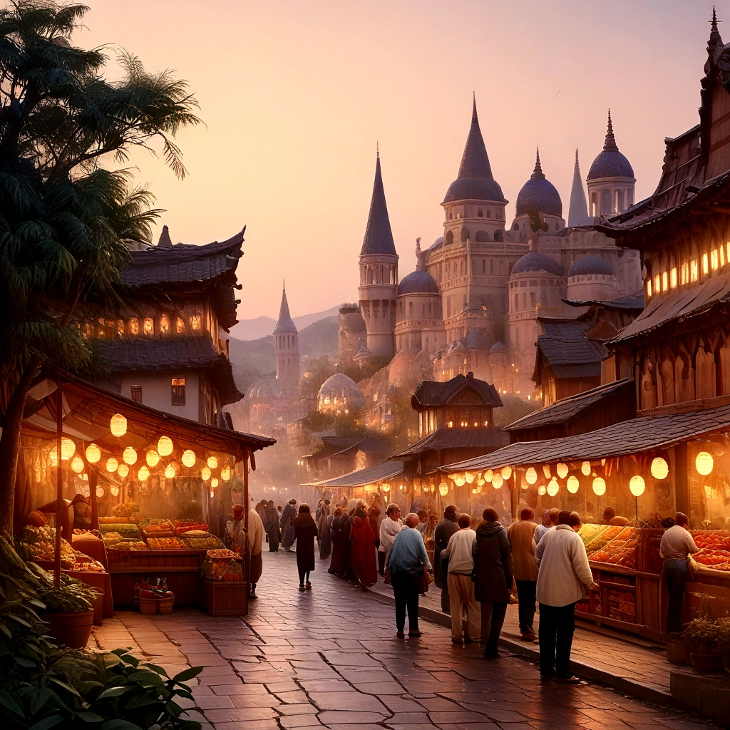 (best quality,4k,8k,highres,masterpiece:1.2),ultra-detailed,(realistic,photorealistic,photo-realistic:1.37),fantastic eastern city,minarets,stunning detailed architecture,illuminated streets,mystical sky,glowing stars in the evening,ornate domes,tall towers,reaching airships in the sky,soft and dreamy pastel colors,enchanted atmosphere,lush gardens,exotic trees and plants,cascading water fountains,impressive gateways,richly decorated market stalls,bustling street vendors,traditional music filling the air,aromatic spices wafting through the streets,peaceful and serene ambiance,delicate lanterns casting a warm glow,grand celebrations happening in every corner,diverse and vibrant city life,ancient traditions blending with modern influences,hidden alleyways leading to hidden treasures,elegant and beautifully dressed locals,graceful movements and dances,exploration and discovery at every turn,gorgeous sunset casting a golden light over the city.