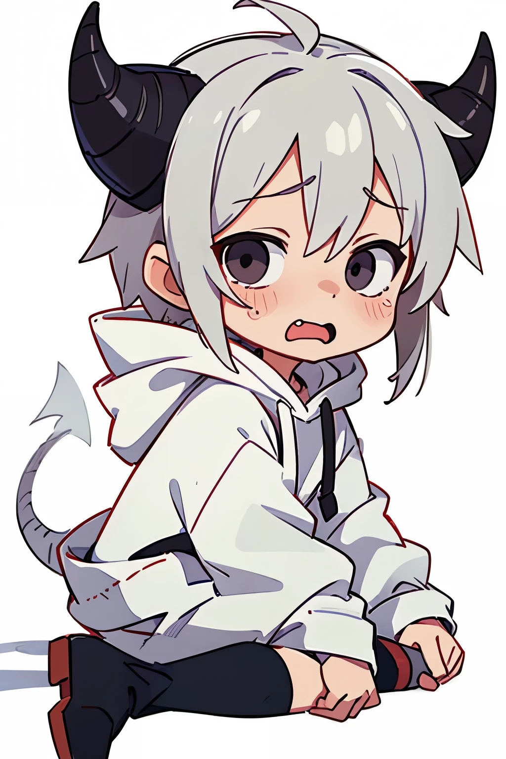chibi drawing, Boy, white, with gray hair, wearing a white hoodie and black demon horns, cries