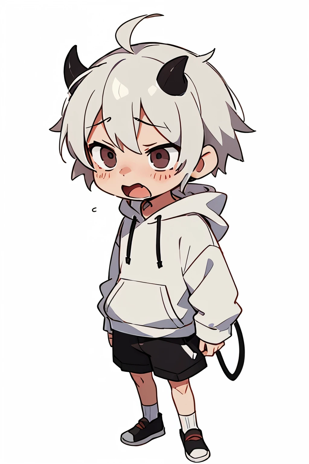 chibi drawing, Boy, white, with gray hair, wearing a white hoodie and black demon horns, cries