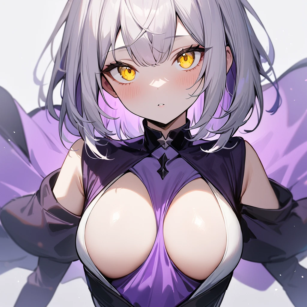 1girl,pale hair,yellow eyes,pale eyes,masterpiece,best quality,very aesthetic,absurdres,(front view),(purple colors),(breast),dark blue colors