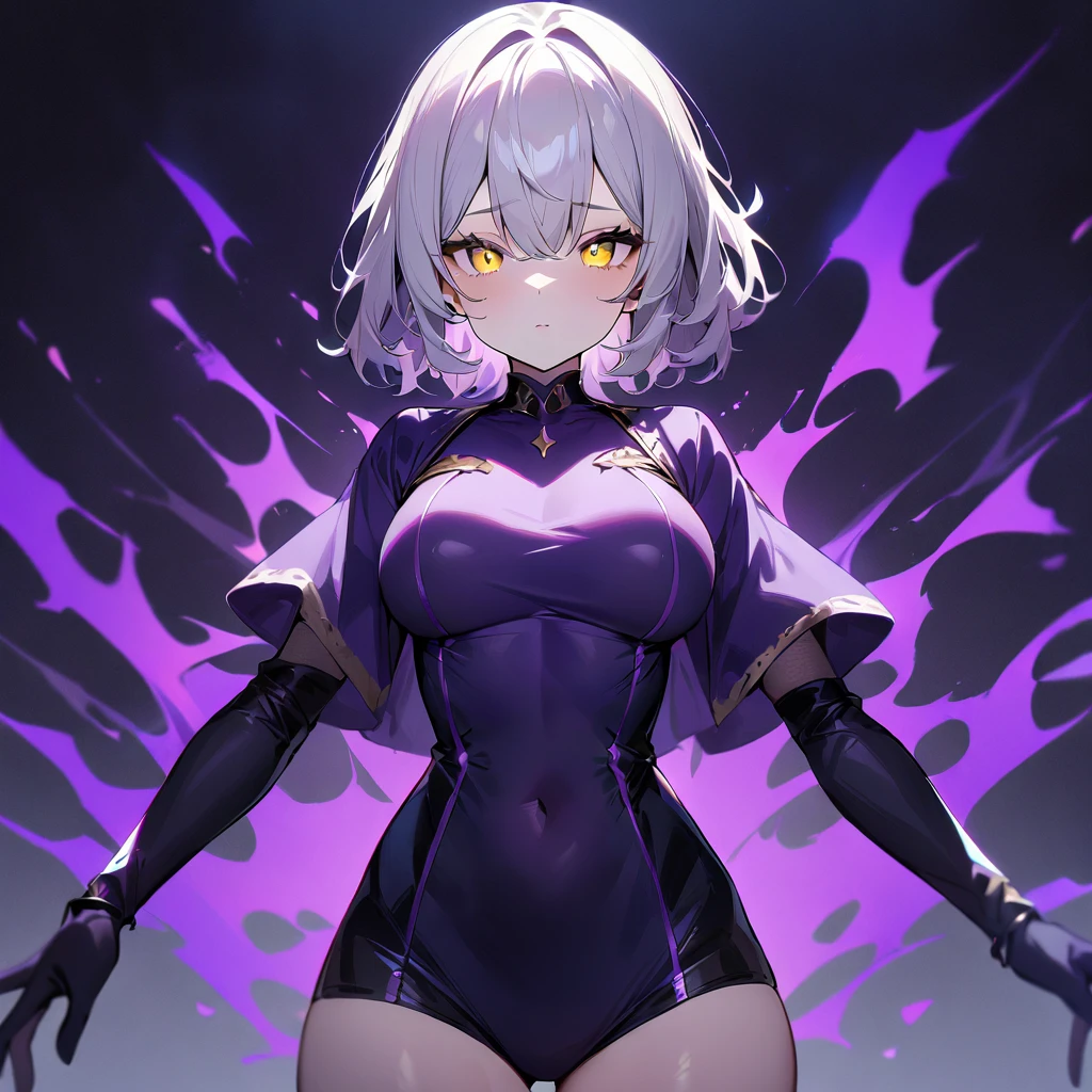 League of legends character riven in venom suit, white hair, yellow eyes, black suit, black bunny suit, venom suit, looking to the camera, smile, holding the camera, sexy body