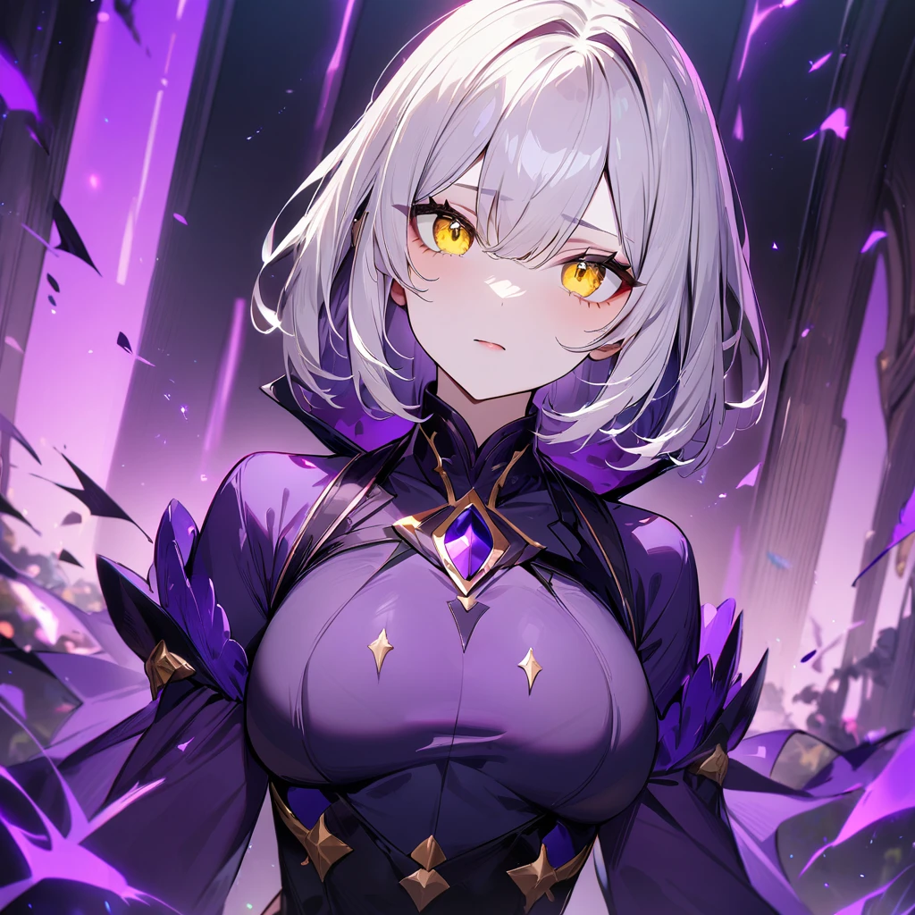 1girl,pale hair,yellow eyes,pale eyes,masterpiece,best quality,very aesthetic,absurdres,(front view),(purple colors),(breast),dark blue colors