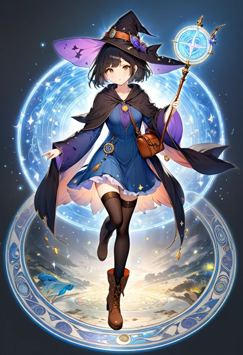 A beautiful witch in the style of Studio Ghibli, 1.55 tall, ************, medium-length black hair, light brown eyes, fair skin, wearing a knee-length transparent blue dress, black stockings and dark brown boots, a black and cinnamon cloak, a light brown handbag and a magic wand made of coral lizard. 8k image, ((highest quality)),(ultra high resolution),(Super detailed),(detailed description),((best GC)),(best artwork),super art precision,great drawing- art(Fantasy art with precise details:1.5),(witch:1.6),(and pretty cute shaped face:a 1.5),(Magic circle floating:1.6),dynamic pose:1.5,boots:1.3, magic circle, final fantasy XV style, 4K, super sexy, By Luciano75