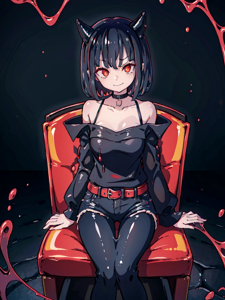 anime, young girl, red eyes, smirk, evilish smile, darkened eyes, red eyes, short brown hair, fancy haircut, black denim pants, shirt with bare shoulders, black shirt, red parka, solo, sitting on sofa, mischevious smile, sorriso malicioso, demonia, extrorvertida.