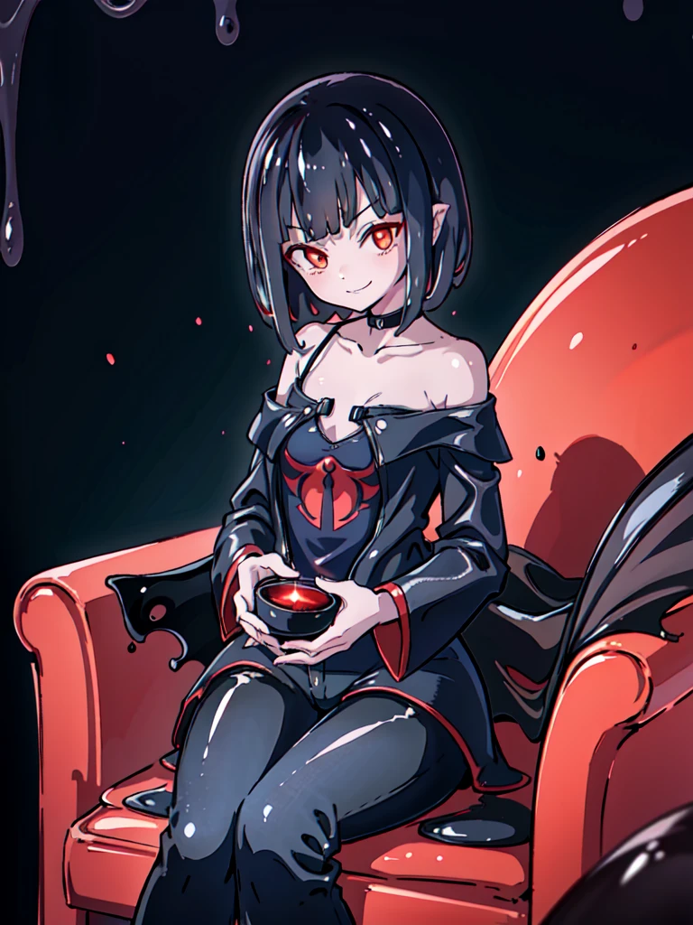 anime, young girl, red eyes, smirk, evilish smile, darkened eyes, red eyes, short brown hair, fancy haircut, black denim pants, shirt with bare shoulders, black shirt, red parka, solo, sitting on sofa, mischevious smile, sorriso malicioso, demonia, extrorvertida.