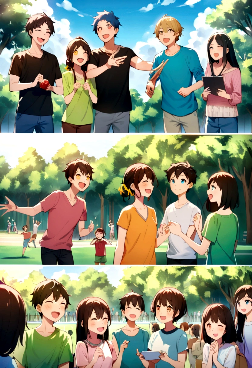 A group of young people involved in various activities, smiling and interacting with each other. Some are playing sports, others are studying, and some are talking in a lively park. The scene is vibrant, with a mix of bright colors, green trees and a blue sky. Young people come from different backgrounds, wearing casual clothes and displaying cheerful expressions.