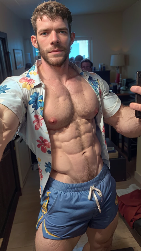 Masterpiece, denoise, void noise, one man, best quality, 8k resolution, male focus, focus only, amazing composition, volumetric lighting, super quality, elegant, Very detailed, beach, front view, facing viewer , -----------, 35 years old, mature face, muscular, thin body, Caucasian, (((white skin, pale skin))), handsome, (detailed light-blue eyes), light brown hair, big ears, (((hairy pectorals, thick plenty chest and body hair))), ((Medium long beard)), (((((Jim Sturgess Russell Tovey mixed face and hair))))), (((big nipples, perky nipples))), ------------, ((((detailed shorts)))), ((((clear color hawaiian style short sleeve shirt)))), (((holding frame pov: like taking a selfie))),