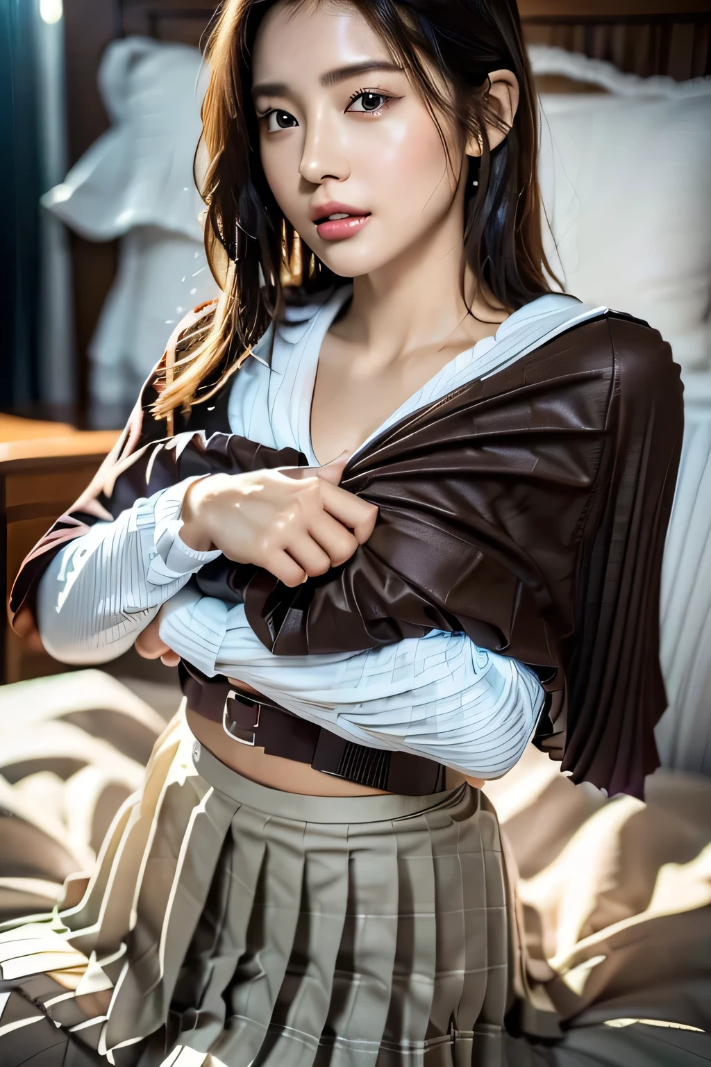 (((Woman lying on bed in bedroom)))、Accentuate your breasts、(((school uniform:1.3)))、Open white shirt、(((Check pleated skirt that fits snugly against the skin:1.7)))、(Reddish brown wet shiny short hair)、hairpin、hair ornaments、Blushing cheeks、Pointed red mouth、Large Breasts、Perfect body curves、Beautiful clavicle、Wet Hair、Wet Face、Wet body、Wet Skin、Wet costume、Detailed clothing features、Detailed hair features、Detailed facial features、Looking into the camera、(Dynamic Angle)、(Dynamic and sexy pose) )、Cinema Lighting、(masterpiece、Highest quality、Ultra-high resolution output images、Write Boundary Depth、Intricate details、Add depth to your subject with contrast between light and shadow、)、Digital Illustration、Single-lens reflex camera、(Realistic:1.3)、(8K quality、Anatomically correct facial structure、)、(Picture Mode Ultra HD、)