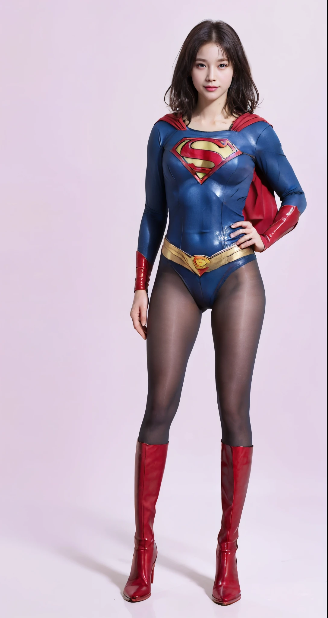 No background、(((Beautiful legs in black tights.)))、(((Legally express the beauty of your smile)))、((((Make the most of your original images)))、(((Supergirl Costume)))、(((Beautiful very short hair)))、(((suffering)))、(((Please wear black tights....、Wear red boots)))、((Best image quality、8K))、((Highest quality、8K、masterpiece:1.3))、(((Preserve background )))、Sharp focus:1.2、Beautiful woman with perfect figure:1.4、Slim Abs:1.2、Wet body:1.5、Highly detailed face and skin texture、8K