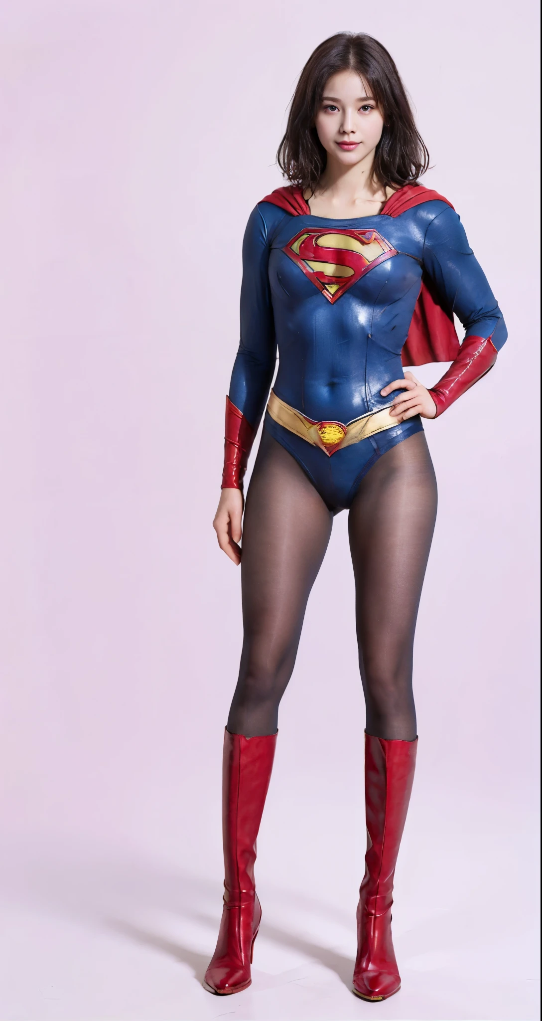 No background、(((Beautiful legs in black tights.)))、(((Legally express the beauty of your smile)))、((((Make the most of your original images)))、(((Supergirl Costume)))、(((Beautiful very short hair)))、(((suffering)))、(((Please wear black tights....、Wear red boots)))、((Best image quality、8K))、((Highest quality、8K、masterpiece:1.3))、(((Preserve background )))、Sharp focus:1.2、Beautiful woman with perfect figure:1.4、Slim Abs:1.2、Wet body:1.5、Highly detailed face and skin texture、8K