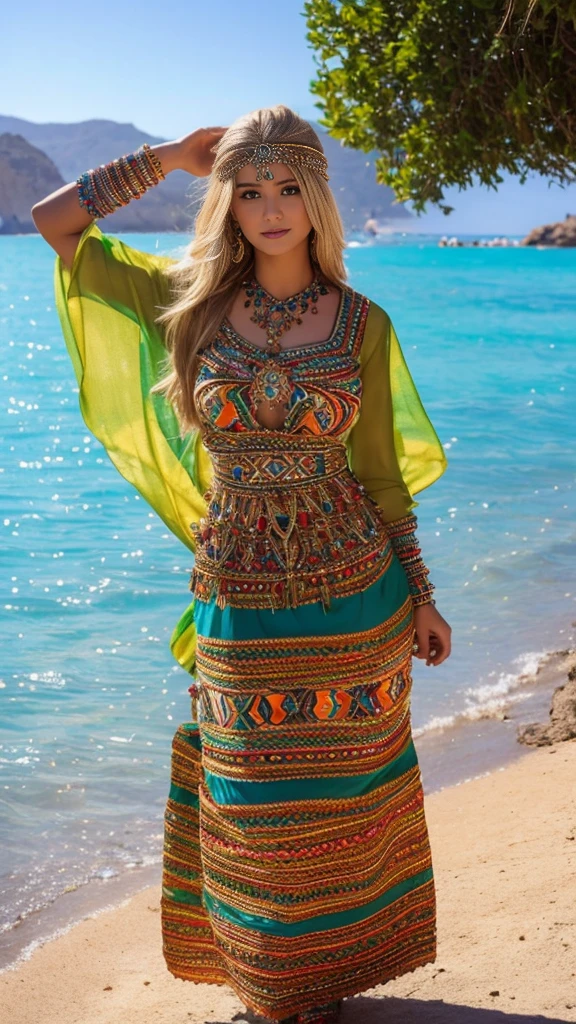 Most beautiful blonde lady, robe kabyle, berber,amazigh, kabyle beauty, bijoux,kabyledress, attractive, hd,best, perfect body , ouadhias,amazigh outfit, beach background 