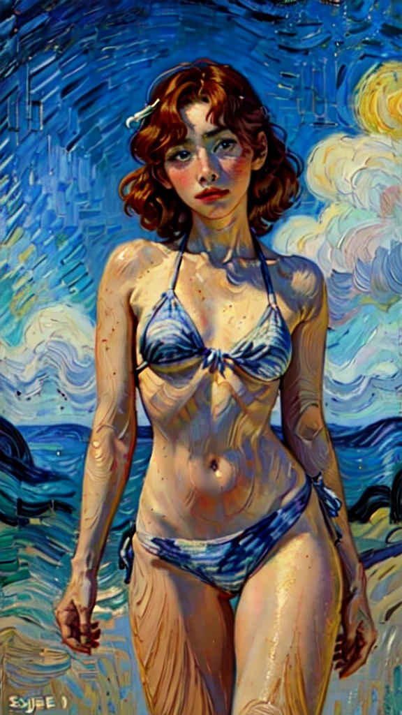 (inspired by vincent van gogh, painting by vincent van gogh, post-impressionism art style, oil painting, oil on canvas, pointillism, short brush strokes, vg, tianfeng1, illustration):1.5, perfect composition, natural lighting, beautiful lighting, beautiful beach setting, hawaiian beach setting, natural lighting, beautiful lighting, colorful sky, sunset, colorful clouds, interesting composition, vivid colors, beautiful colors, bright colors, masterpiece, award winning, realistic, highres, 8k, 16k, uhd, hdr, dslr, fujifilm gfx 100s, best quality, high quality, intricate detail, perfect eyes, perfect hair, textured skin, one person, one woman, illustration, EdgarDegras, detailed portrait, 18 year old woman, curly hair, red hair, freckles, pubic hair, hairy, hirsute, glistening skin, sadie sink, small breasts, slight build, blushing, pale skin, cleavage, bikini, side-tie bikini, string bikini, smallest bikini, microbikini, underboob, vulva barely covered, nipples barely covered, cameltoe, sheer material, see-through material, nipping, hard nipples