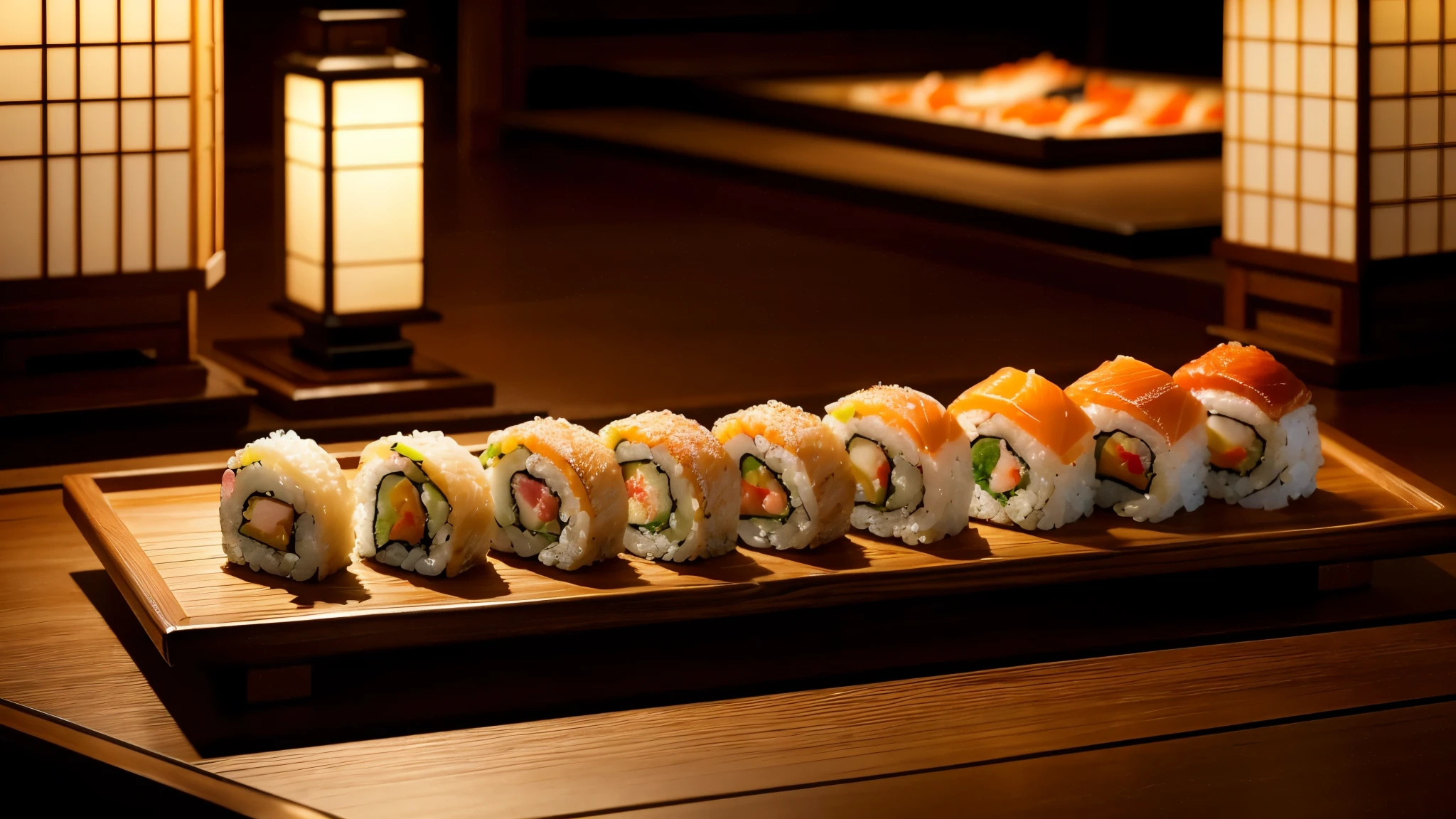 a sushi table, detailed sushi dishes, intricate sushi rolls, steaming hot tea, polished wooden table, traditional Japanese interior, warm lighting, natural textures, high-quality ingredients, flawless plating, mouthwatering food photography, masterful culinary presentation, elegant simplicity, serene atmosphere, photorealistic, 8k, cinematic lighting, vibrant colors, depth of field, masterpiece