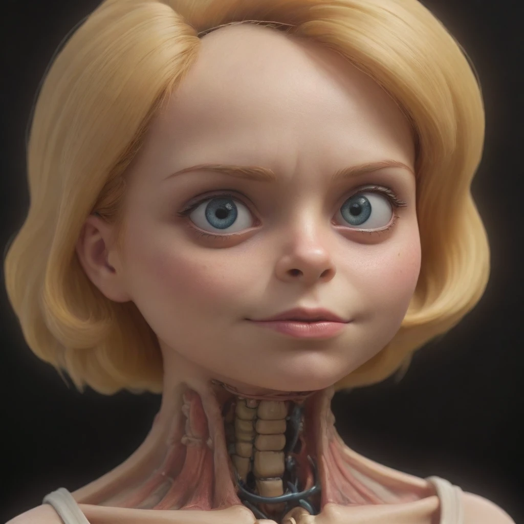 close-up, looking at viewer split head and body of a Lisa Simpson, inside a skeleton, subsurface scattering, ultra hd, 4k, high def, Photorealistic, Hyperrealistic, Hyper detailed, analog style, realistic, masterpiece, best quality, ultra realistic, 8k, Intricate, High Detail, film photography, soft lighting, heavy shadow