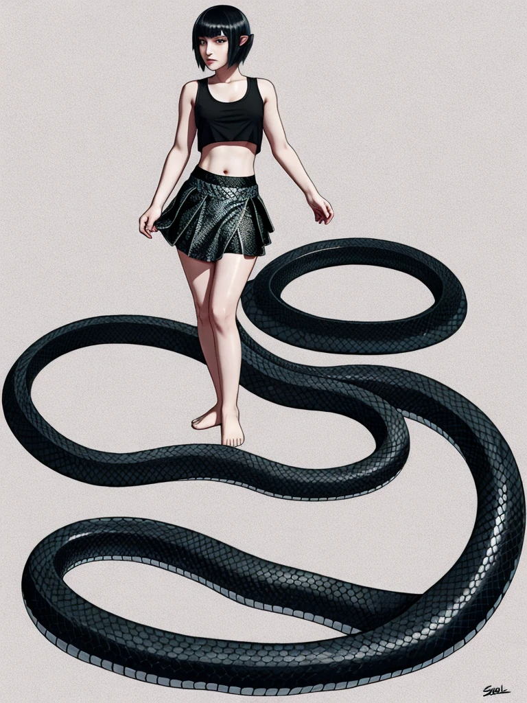 (lamia:1.0), scales, full body, emo, 1boy, black snake tail, crop top, skirt, cute