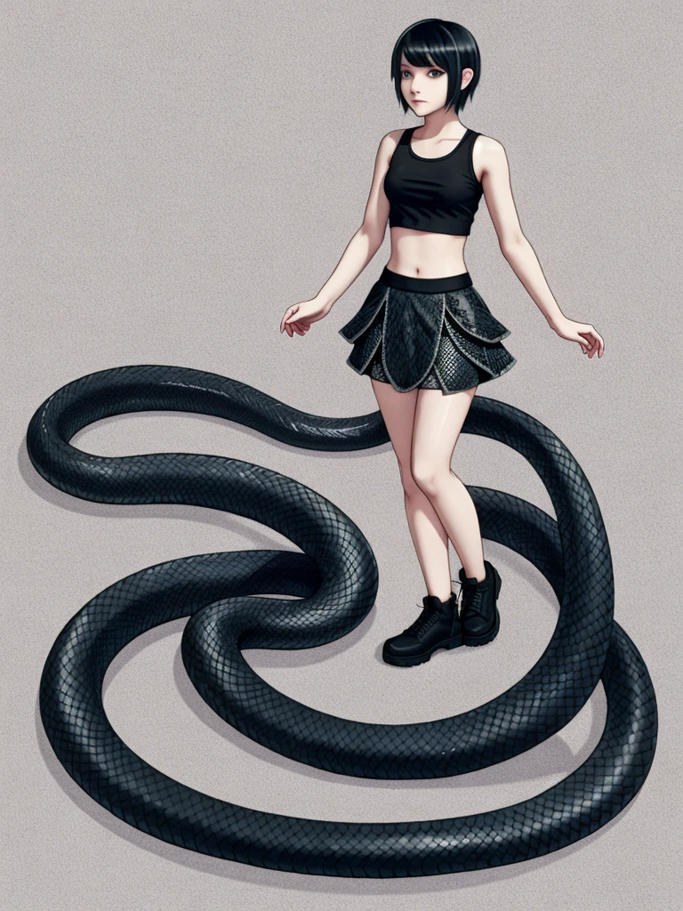 (lamia:1.0), scales, full body, emo, 1boy, black snake tail, crop top, skirt, cute