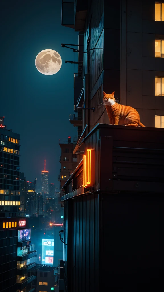 neon, cyber punk, natta, night-time, moon with strong light, orange cat, on top of a building, on the edge of the building,