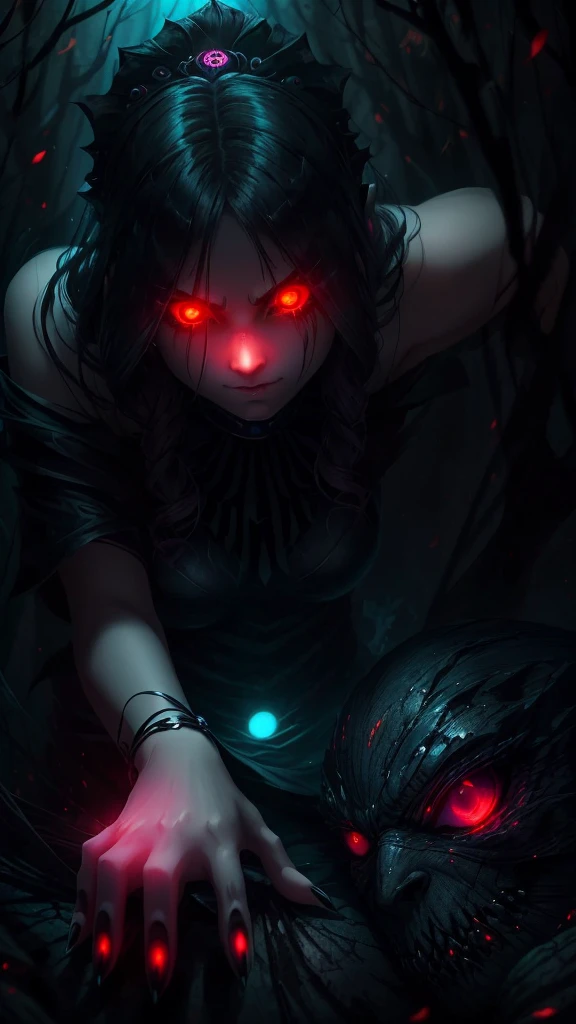 girl, glowing eyes, evil and scary, красный фон, крадется, когти, крылья ворона