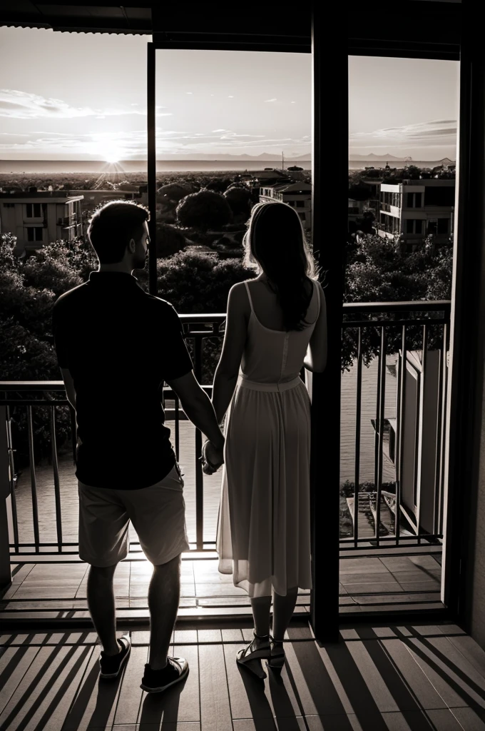 A couple watching a sunset on a balcony black and white for coloring