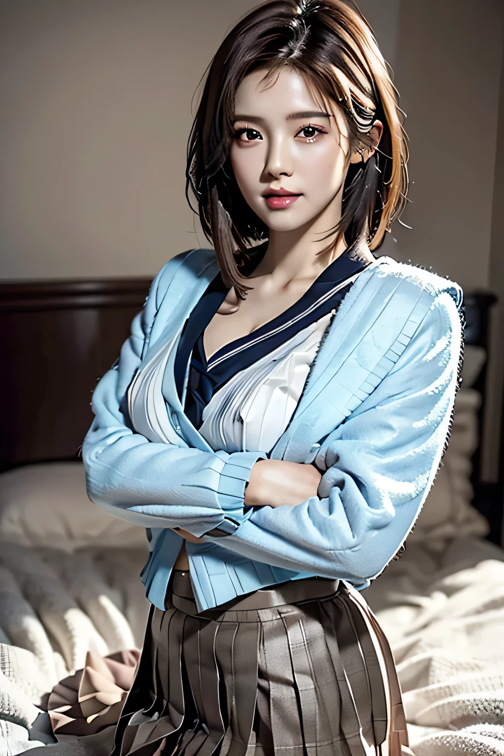 (((Woman lying on bed in bedroom)))、Accentuate your breasts、(((school uniform:1.3)))、Open white shirt、(((Check pleated skirt that fits snugly against the skin:1.7)))、(Reddish brown wet shiny short hair)、hairpin、hair ornaments、Blushing cheeks、Pointed red mouth、Large Breasts、Perfect body curves、Beautiful clavicle、Wet Hair、Wet Face、Wet body、Wet Skin、Wet costume、Detailed clothing features、Detailed hair features、Detailed facial features、Looking into the camera、(Dynamic Angle)、(Dynamic and sexy pose) )、Cinema Lighting、(masterpiece、Highest quality、Ultra-high resolution output images、Write Boundary Depth、Intricate details、Add depth to your subject with contrast between light and shadow、)、Digital Illustration、Single-lens reflex camera、(Realistic:1.3)、(8K quality、Anatomically correct facial structure、)、(Picture Mode Ultra HD、)