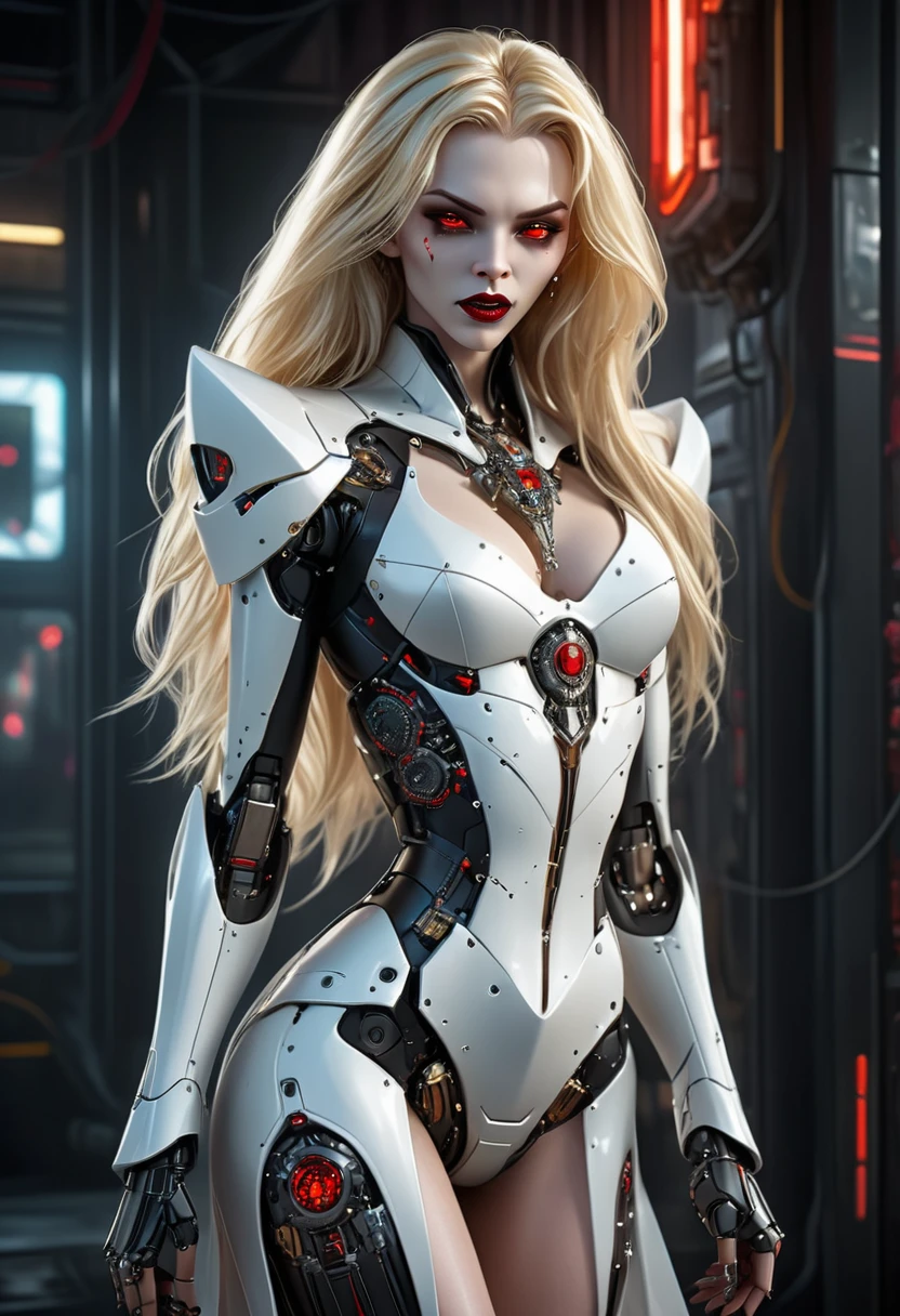 ((a photorealistic glamour shot of an exquisite, glamour mecha female vampire: 1.5)), ((full body: 1.3)), ultra feminine, pale face, golden hair, long vibrant shiny hair, glamorous hair,  red eyes, miniatures mechanical , deep penetrating eyes, red lips, lustful lips, ((two visible vampiric fangs: 1.5), drops of blood dripping from the mouth, ((cyberpunk style: 1.5)), she wears (white elegant glamour dress, with small delicate mechanical parts: 1.4), digital parts,  intricate details, the dress is studded with diamonds, tight suit, dynamic color, high heels, cyberpunk street at night background, (highest quality:1.2, Very detailed, up to date, Vibrant, Ultra-high resolution, High Contrast, masterpiece:1.2, highest quality, Best aesthetics), best details, best quality, highres, ultra wide angle, 16k, [ultra detailed], masterpiece, best quality, (extremely detailed), Genetically modified..., Cinematic Hollywood Film, nijimecha, aetherpunkai