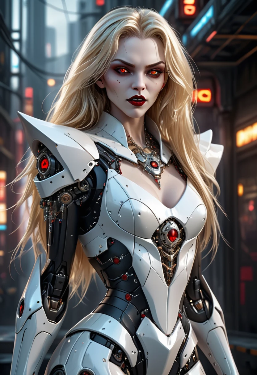 ((a photorealistic glamour shot of an exquisite, glamour mecha female vampire: 1.5)), ((full body: 1.3)), ultra feminine, pale face, golden hair, long vibrant shiny hair, glamorous hair,  red eyes, miniatures mechanical , deep penetrating eyes, red lips, lustful lips, ((two visible vampiric fangs: 1.5), drops of blood dripping from the mouth, ((cyberpunk style: 1.5)), she wears (white elegant glamour dress, with small delicate mechanical parts: 1.4), digital parts,  intricate details, the dress is studded with diamonds, tight suit, dynamic color, high heels, cyberpunk street at night background, (highest quality:1.2, Very detailed, up to date, Vibrant, Ultra-high resolution, High Contrast, masterpiece:1.2, highest quality, Best aesthetics), best details, best quality, highres, ultra wide angle, 16k, [ultra detailed], masterpiece, best quality, (extremely detailed), Genetically modified..., Cinematic Hollywood Film, nijimecha, aetherpunkai