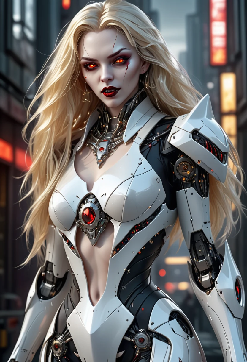 ((a photorealistic glamour shot of an exquisite, glamour mecha female vampire: 1.5)), ((full body: 1.3)), ultra feminine, pale face, golden hair, long vibrant shiny hair, glamorous hair,  red eyes, miniatures mechanical , deep penetrating eyes, red lips, lustful lips, ((two visible vampiric fangs: 1.5), drops of blood dripping from the mouth, ((cyberpunk style: 1.5)), she wears (white elegant glamour dress, with small delicate mechanical parts: 1.4), digital parts,  intricate details, the dress is studded with diamonds, tight suit, dynamic color, high heels, cyberpunk street at night background, (highest quality:1.2, Very detailed, up to date, Vibrant, Ultra-high resolution, High Contrast, masterpiece:1.2, highest quality, Best aesthetics), best details, best quality, highres, ultra wide angle, 16k, [ultra detailed], masterpiece, best quality, (extremely detailed), Genetically modified..., Cinematic Hollywood Film, nijimecha, aetherpunkai